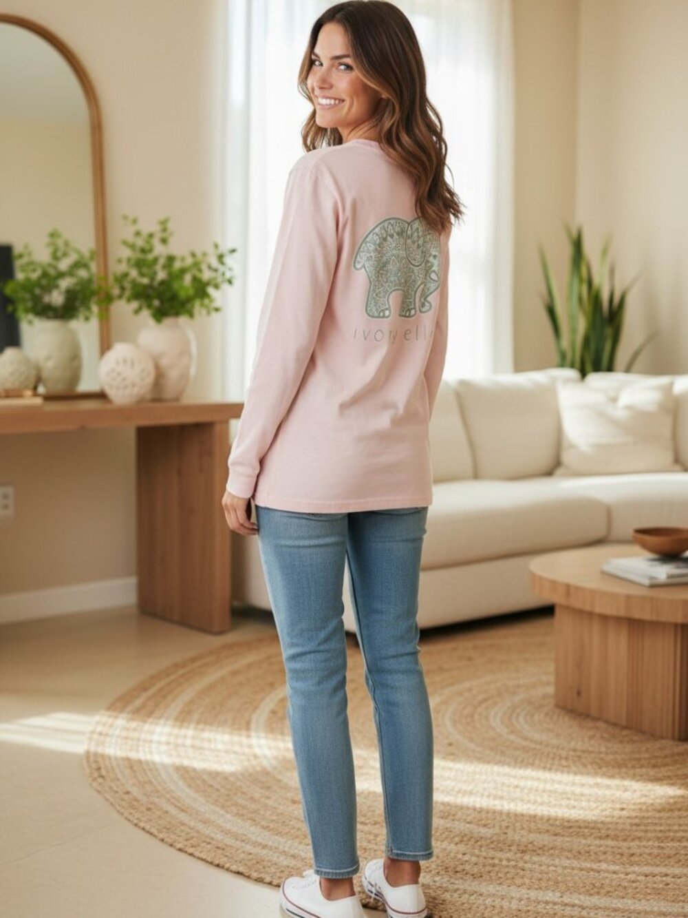 Ivory Ella - Long Sleeve Light Pink with Teal Paisley Logo - Size S
